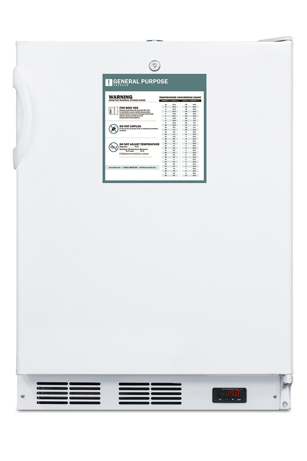 ADA compliant built-in general purpose undercounter medical all-freezer capable of -25 C operation, white with front lock